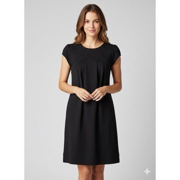 Anthropologie Dresses & Skirts - Anthropologie Black Ponte Knit Shift Dress Button Back Pleated Cap Sleeve Small